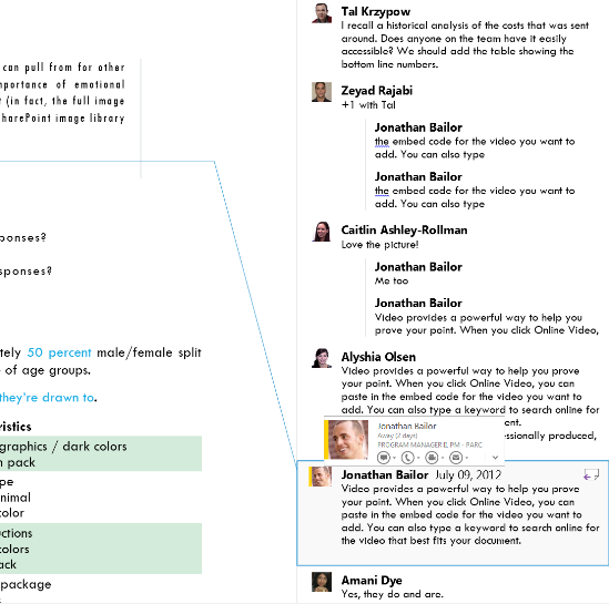 Screenshot of comments with Person Card UI in Word 2013